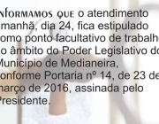 Câmara Municipal informa: ponto facultativo nesta quinta-feira, 24 de março