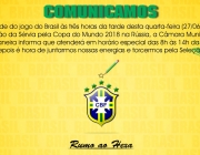 Câmara terá expediente até as 14h em virtude de jogo da seleção brasileira